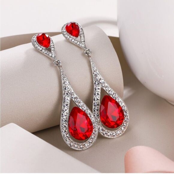 Silver with Ruby Red and White Diamond Austrian Crystal Dual Teardrop Earrings - Picture 2 of 4